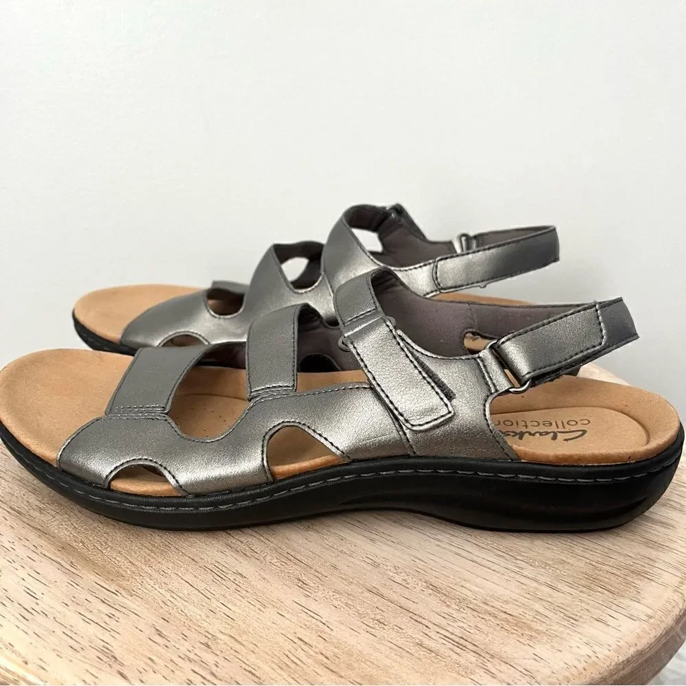 Clarks Laurieann Style Adjustable walking Sandals Pewter Metallic Sz 11 NWOB